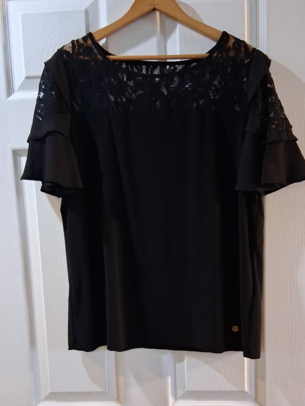 Black Lace Yoke Ruffle Sleeve Top